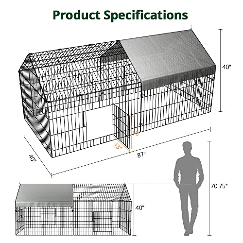 Chicken Coop, 86"x40"x40" Chicken Run Pen with Cover for Yard | Waterproof Sunshade Cover, Auto-lock Door, Ground Stake, Metal Portable Chicken Tractor for Poultry, Rabbits & Small Animals - size: 86.0"L x 40.0"W x 38.5"H