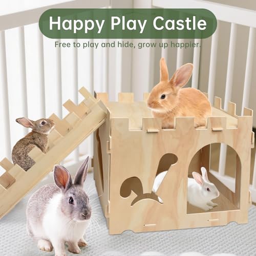 Large Wooden Sturdy Rabbit Houses and Hideouts, Detachable Bunny House Indoor Rabbits Castle Play House with Stairs for Rabbit Guinea Pig Chinchilla
