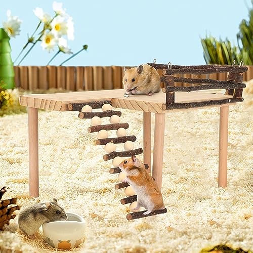 Estink Small Animal Wooden Climbing Platform Set with Ladder and Fence | Natural Log Hideout, 11.8 Inch Wide Platform, Climbable Ramp for Dwarf Hamster Gerbil Mouse, Rustic Cage Decor Playgroun