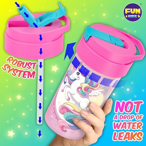 17oz Unicorn Kids Water Bottle, Total My Style Toddler Spout Cover and Carry Handle Design Lid Leak Proof BPA free Cup for Girls Ages 3+ Dishwasher Safe for Sports School Travel with Silicon Straw