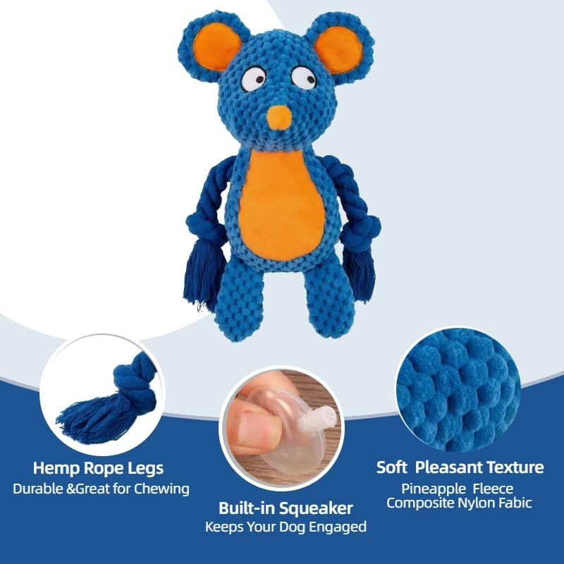 Plush Mouse Dog Toy, Squeaky Tug Toy with Rope Arms for Small Medium Dogs | Soft plush mouse toy with rope arms and squeaker, designed for tugging, tossing and interactive indoor play - color: Dark Blue