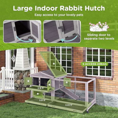 Gutinneen Large Indoor Rabbit Hutch Bunny Cage with Chew-Proof Ramp, Locking Leak-Proof Trays - Outdoor 62" Wooden Rabbit Cage with 6 Wheels for Rabbits, Guinea Pigs, Small Animals (Grey) - size: 62.0"L x 22.6"W x 33.5"H
