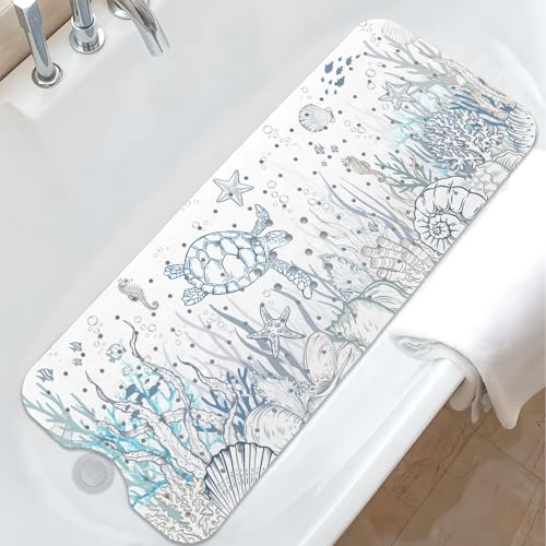 Sea Turtle Bathtub Mat Non Slip, Cute Baby Bath Mat for Tub Rubber Tub Mat, Kids Bath Mats for Bathroom Undersea Anti Slip Shower Mat with Suction and Drain Holes Machine Washable, 40″X16″ - color: C04, size: 40" x 16" (Rectangular)
