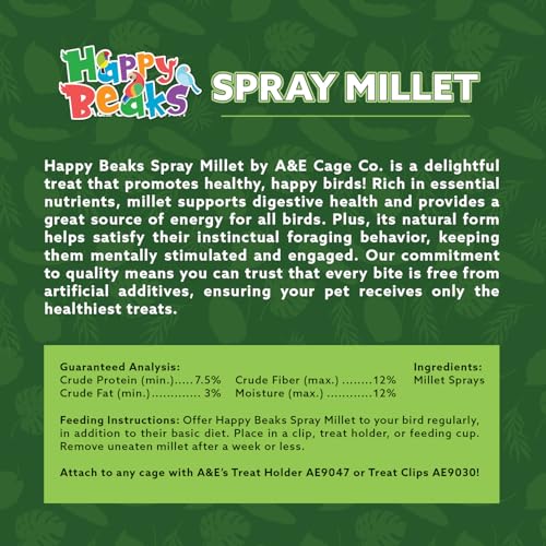 A&E Cage Co AE9054 French Spray Millet Bird Treat, 12 Sprays, 6 oz Bag | Grown in France, Natural Whole Sprays, Encourages Foraging, For Budgies, Cockatiels, Finches & Small Birds - size: 6 Ounce
