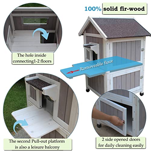 Rockever 2-Layer Outdoor Cat House, Weatherproof Wooden Outside Cat Shelter | Weatherproof grey wooden shelter with escape door, roomy resting spaces and secure protection for feral and outdoor cats