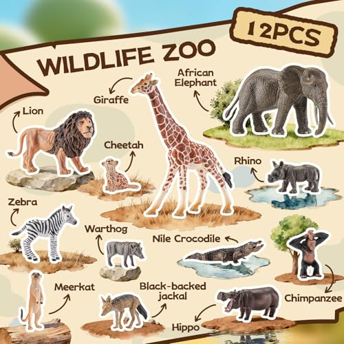 12 PCS African Safari Animals Figure Toys Wild Animal Figurines | Realistic African Wild Animal Figures, Educational Zoo Animal Toys, Party Favors & Classroom Props, Cake Toppers - style: 12 PCS African Animals