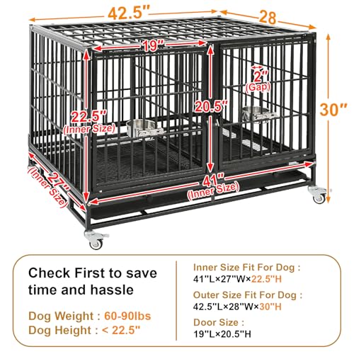 Homey Pet 43" Double Dog Crate, Heavy Duty Stackable Kennel with Divider | Drop Cage for Dogs with Dual Doors, Auto Locks, Bowls, Removable Tray, for Small & Medium Dogs, Breeders and Multi-dog Homes - size: 43.0"L x 28.0"W x 29.0"H