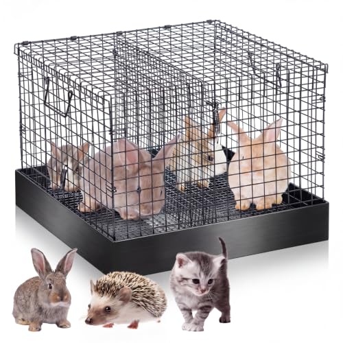 DoubleFill 2 Hole Folding Rabbit Transport Cage, Portable 18 x 18 x 14 in Black Bunny Carrier with Tray and Handles for Travel or Temporary Housing, Indoor Outdoor Pet Habitat Animal Enclosure