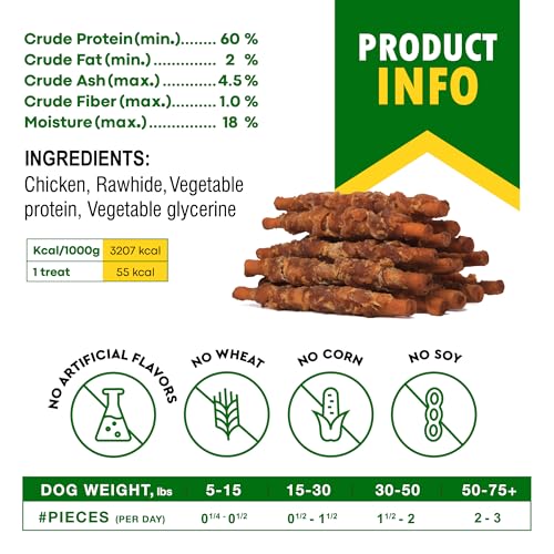 Dog Smoked Rawhide Sticks Wrapped Chicken & Pet Natural Chew Treats - Grain Free Organic Meat & Healthy Human Grade Dried Snacks in Bulk - Best Twists for Training Small & Large Dogs - Made for USA
