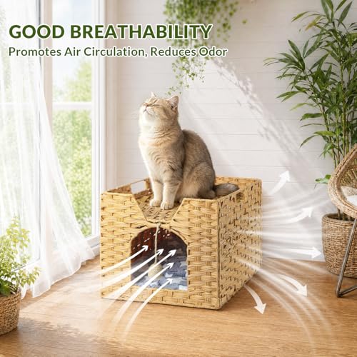 Handwoven Rattan Cat Bed Indoor Kitten, Cat Bed Cave with Cushion, Sisal Ball & S-Shaped Hooks, Foldable Hideaway Cat House for Bedroom Living Room, Natural - color: Natural A
