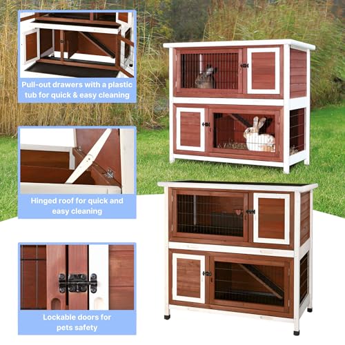 TRIXIE natura Outdoor Double Rabbit Hutch - Indoor Small Animal House, Bunny Cage with Two Sleeping & Play Areas - Includes a Non-Slip Ramp Hinged Roof & Two Pull-Out Trays - in Auburn - style: 2-Story Rabbit Hutch, Brown/White