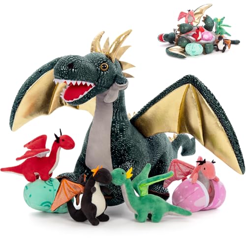 Dragon Plush Toy with 4 Babies, 21.7" Stuffed Animal, Dark Green | 7Pcs Dragon Plush Family; Mommy, 4 Baby Dragons & 2 Eggs; Zipper Belly Pretend Play; Birthday & Christmas Gift for Kids - style: Dragon Dark Green