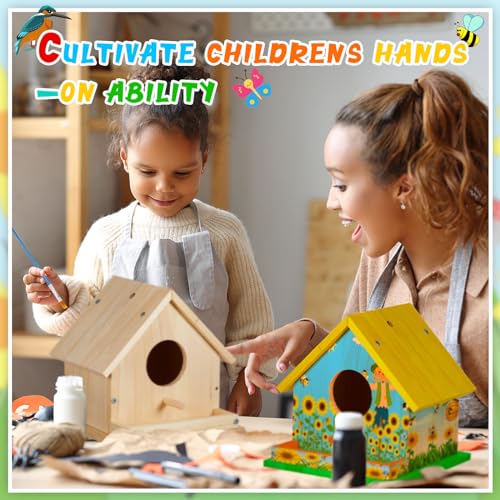 Liliful 6 Sets Wooden DIY Birdhouse Kit, Unfinished Bird Houses with Paints and Paintbrushes, Bird Feeder Craft Arts for Kids Ages 4-8, 8-12, Classroom Activity and Adults Wooden Craft Gifts