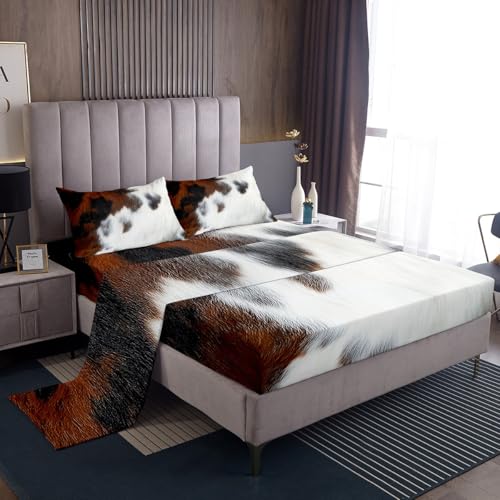 Cowhide Bedding Set for Boys, Cow Print Kawaii Bed Sheets Twin Size Bull Cattle Skin Sheet Set Farmhouse Animal Hair Fitted Sheet-Wildlife Fur Flat Sheet-1 Cowhide Pillow Csae(Black White Brown) - color: Multi 44, size: Twin