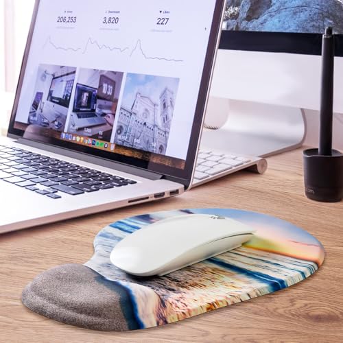 JIKIOU Ergonomic Mouse Pad with Gel Wrist Rest 2 Pack, Portable Small Beach | Upgraded-Prevent Gel Leakage, Ergonomic Design for Pain Relief, Cooling Gel filled, Smooth Lycra Surface, Non-Slip PU Base - color: 10Beach