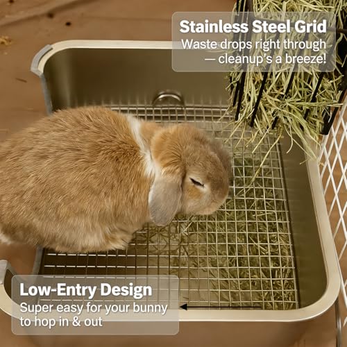 PODOO Bunny Litter Box, Stainless Steel Sifting Pan with Non-Slip Pads | Stainless steel sifting pan lets waste fall below; raised sides and non-slip pads help keep the litter area stable and tidy - color: Stainless Steel