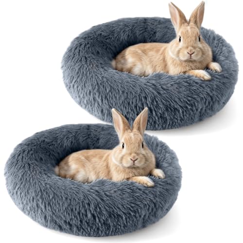 2 Pack Rabbit Bed, Fluffy Donut Shaped Bunny Hideout Comfort Sleeping Mat | Washable Comfort Hideaway Nest Bed for Guinea Pig, Kitten, Chihuahua, Small Pet - color: Dark Gray + Dark Gray