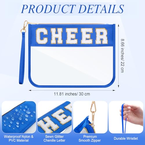 Kacctyen 20 Pcs Blue Chenille Letter Cheer Bags Bulk Cheerleader Clear Makeup Bags Snacks Pouch Bulk Preppy Patch Cosmetic Pouch with Wrist Strap Zipper for Travel Team Cheerleaders - color: Blue