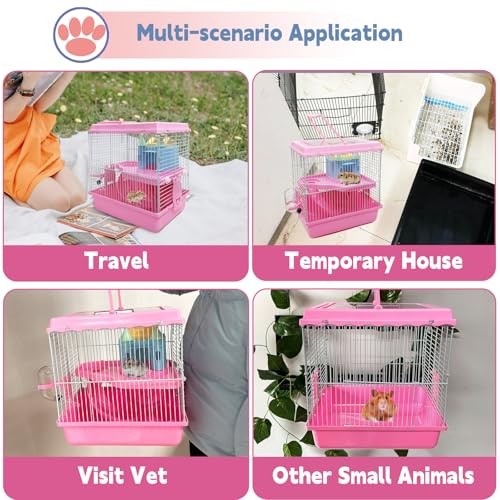 Tfwadmx Hamster Carrier, Dwarf Hamster Travel Cage, Portable Cages with Water Bottle, Gerbil Travel Carry Case Outdoor Vacation House for Small Mice(Pink,10.6”x8”x11.4”) - color: Pink