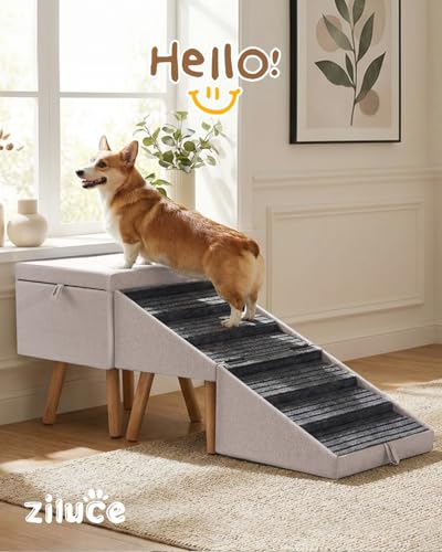 Dog Ramp for Bed & Couch, Dog Stairs 21.06 inches High for Large/Medium/Small Doggie, Foldable 2 in 1 Wooden Pet Steps for Puppy Older and Injured Dogs, Split Ottoman Design, No-Slip Surface（Apricot） - size: 21.06" H- Apricot