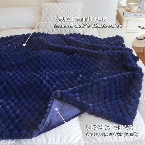 XeGe Luxury Bubble Fluffy Faux Rabbit Fur Bed Blanket King Size, Navy Blue | 104"x90", Double-Sided, Hypoallergenic, No-Shed, Washable, Warm Furry Blanket for Master Bedroom, Couples & Family Snuggling - color: Navy Blue, size: King (104" X 90")