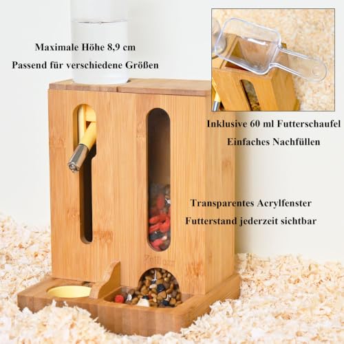 Bamboo Wooden Hamster Water Bottle Stand & Food Bowl, 2-in-1 Feeder