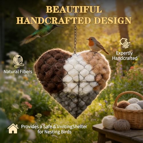 2pc Handmade Alpaca Fiber Heart Bird Nesting Material Holder Hummingbird Nest Balls Ornament for Cage Box Cage Accessories Nido Para Periquitos House for Wild Birds Handmade Metal Refillable Birds