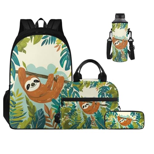 Kids' Backpacks & Lunch Boxes Active Sloth Water Bottle Holder and Large Capacity Pencil Case 4PCS Set Bookbag for 8 Years Old Girls Lightweight 2Nd Grade School Bag with Compartment - color: Active Sloth