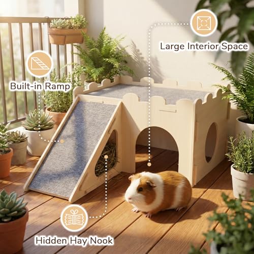 Wooden Guinea Pig Hideout with Ramp and Hay Holder | Indoor cavy house with enclosed room, multiple openings, removable fabric grips, front ramp and under-ramp hay nook - size: Large