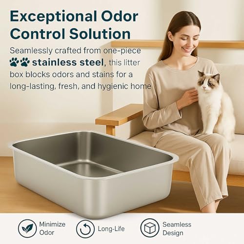 FELIO Stainless Steel Cat Litter Box - XL Metal High Sided Cat Pan, 23.6" L×15.7" W×7.9" H, Splash-Proof and Non-Stick Cats Poop Box odorless, Easy to Clean for Big Cats, Rabbit, Dog, Ferret - size: X-Large