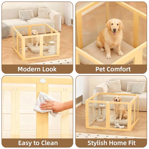 8 Panel Elegant Wooden Frame Clear Acrylic Indoor Puppy Playpen | Stain-resistant waterproof layering designed for hassle-free cleaning and long-lasting furniture protection - size: 8 Panel 39.4x39.4in