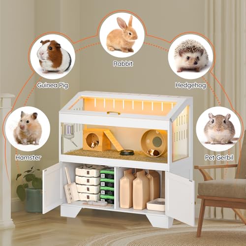 HOOBRO Large Hamster Cage, Acrylic Hamster Habitat with Storage Cabinet and Led Light Strip, Big Hamster Enclosure with Flip-Top Lid, Easy to Clean, 39.4" x 18.9" x 42.5", White WT01AC03G1