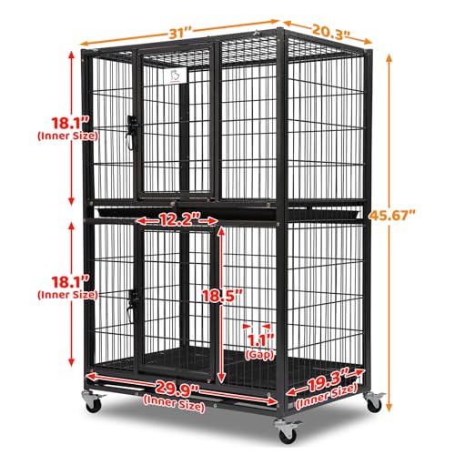 Homey Pet 31 Inch Two Tiers Heavy Duty Dog Crate with Lockable Wheels | Escape Proof Metal Wire Drop Cage for Dogs with Lockable Wheels, Removable Tray & Grids, Top Access for Small Dogs and Pets