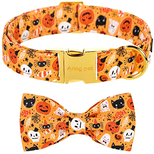 ARING PET Dog Collar with Bow-Halloween Dog Collar Bowtie, Adorable Boy and Girl Ghost Pumpkin Dogs Bowtie Collar Gifts with Metal Buckle - color: Halloween Orange, size: X-Small (Pack of 1)