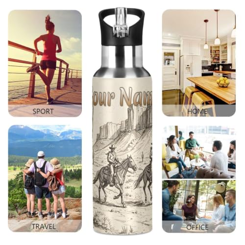 Custom Western Cowboy Cactus Water Bottle Kids Stainless Steel Bottle with Straw Lid Personalized Name Boys Girls Insulated Cup for School 20 oz - color: Multi101