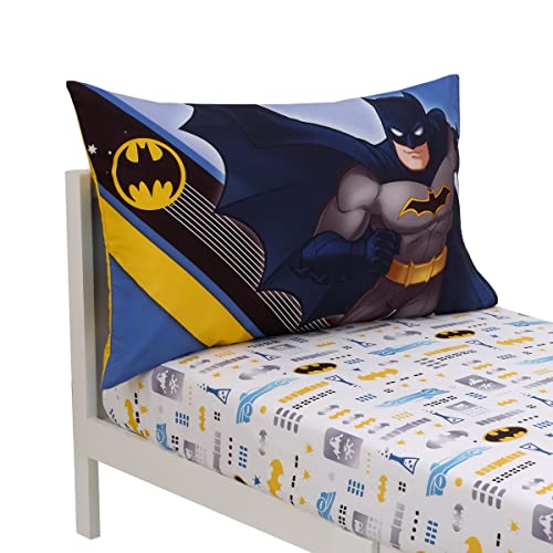 Warner Brothers Batman The Caped Crusader Blue, Gray, and Yellow Bat-Signal and Batmobile 2 Piece Toddler Sheet Set - Fitted Bottom Sheet and Reversible Pillowcase - color: Batman the Caped Crusader