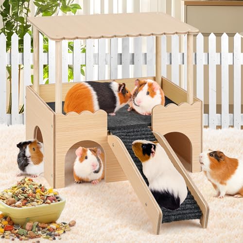 Wooden Guinea Pig Hideout Castle with Stairs,Small Animal Bed Hut Habitats Spacious 2-Level Detachable Small Pet House for Rabbits, Hamsters & Chinchillas Bunny (Updated Grey) - color: Updated Grey