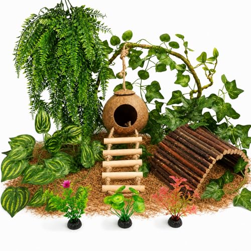 RUNANIA Crested Gecko Tank Accessories，Reptile Vines Plants with Coconut Shell Ladder Hideout Hermit Crab Decor for Leopard Gecko Lizard Chameleon Tortoise Snake Terrarium Decor