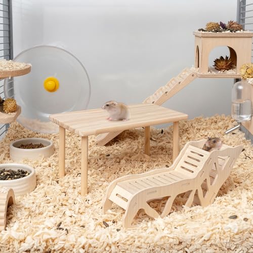 (2-piece Set) Hamster Game Wooden Platform, Tunnel Ladder Hidden Area Platform with Wooden Support Columns, Toy cage Accessories for Hamster Squirrels and Other Small Pets