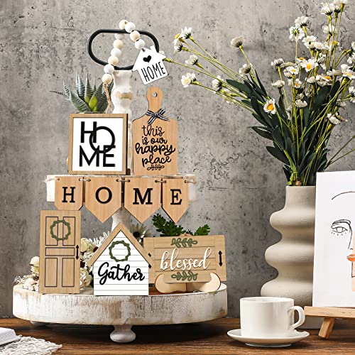 FairySandy 11 Pcs Home Tiered Tray Decor Gather Rustic Farmhouse Tiered Tray Decorations Set Home Wooden Signs Vintage Farm Animal Farmhouse Tabletop Wood Signs for Kitchen Table Shelf Decor - style: Elegant