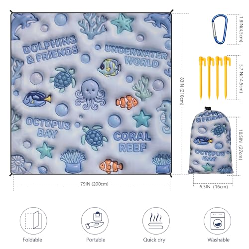 WIWIGO Beach Blanket Mat Waterproof Sandproof for 2-8 Adults Quick Drying | Extra Large, For 2-8 Adults,Windproof, Outdoor Picnic Mat, Beach Accessories Must Have,Gifts, for Travel, Camping, Hiking - color: 3d - Ocean Light Blue, size: 79" X 83"（1-4person
