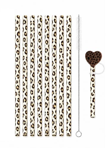 10PCS Set Leopard Straw Cheetah Animal Straws Hard Plastic Reusable Straw and Cleaning Brush Heart Silicone Straw Toppers with Leopard Print Summer Party Supplies (White) - color: White