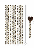 10PCS Set Leopard Straw Cheetah Animal Straws Hard Plastic Reusable Straw and Cleaning Brush Heart Silicone Straw Toppers with Leopard Print Summer Party Supplies (White) - color: White