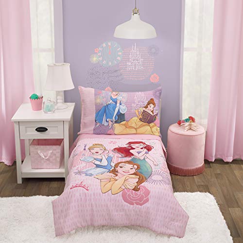 Disney Princess Always Be Bold Pink, Aqua, Blue, Lavender, and Yellow 4-Piece Belle, Ariel and Cinderella Toddler Bed Set - Comforter, Fitted Bottom Sheet, Flat Top Sheet, Reversible Pillowcase - color: Disney Princess