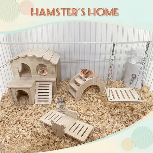 LOS ANDES Hamster Maze Double-Decker Wood House, Seesaw Toy, Bridge and Swing for Dwarf Gerbil Mouse Mice Rat Small Animals(Only for Small Hamsters)