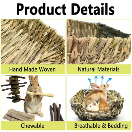 Bunny Grass Bed Mat 22Pcs Rabbit Chew Toys Set Hand-Made Woven Hay Mat | Wood&Bamboo Sticks and Timothy Grass Cake&Ball,Small Animals Teeth Grinding Chew Treat Toy for Guinea Pig - size: 22pcs