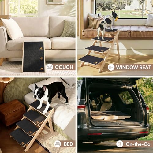 Luciphia Wooden 2-in-1 Dog Stairs, 4-Step Foldable Anti-Slip Pet Steps | For beds, cars, and couch, supports up to 220lbs, ideal for small, aged, and injured dogs and cats, indoor and outdoor use