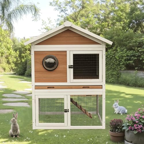 2-Tier Wooden Rabbit Hutch, Outdoor Bunny Cage with Pull-Out Tray, Ramp, Waterproof Roof, Large Space Pet House for Rabbit Guinea Pig Chicken, Indoor Outdoor Small Animal Habitat（96484）