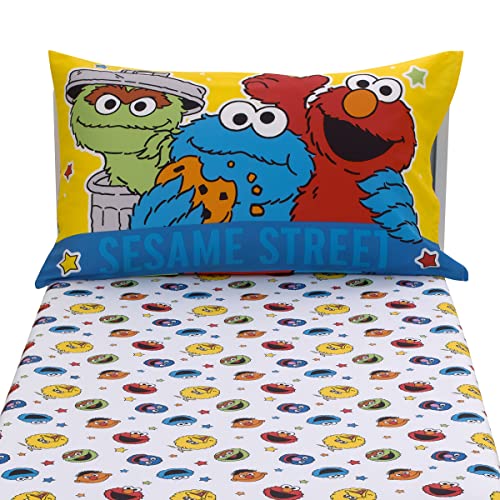NoJo Sesame Street Come and Play Blue, Green, Red and Yellow, Elmo, Big Bird, Cookie Monster, Grover and Oscar The Grouch 2 Piece Toddler Sheet Set - Fitted Bottom Sheet and Reversible Pillowcase - color: Sesame Street Come and Play