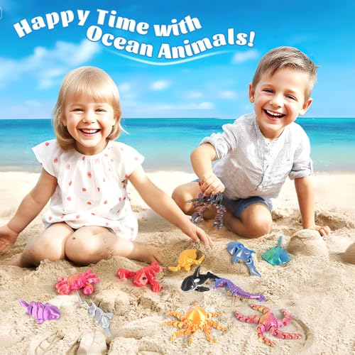 12 Pack 3D Printed Animal Toys, Desk Pets Sea Animal Toys with Educational Booklet for Kids Age 3 4 5 6 7 8, Ocean Animals Figurines Fidget Toy Birthday Gifts Office Desktop Home Decoration